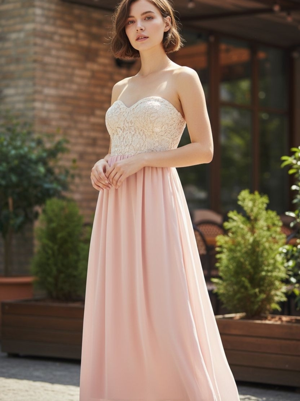 Strapless Lace Bodice Pink Maxi Dress